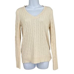 LOFT Sweater Womens Small Cream Wool Blend Cable Knit V-Neck Long Sleeve Classic